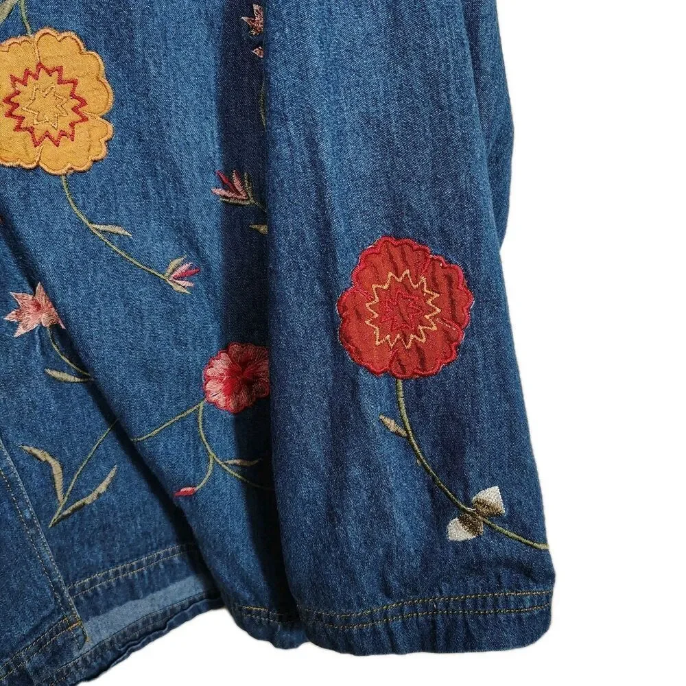 Vintage Embroidered Denim Shirt Jacket Womens 2X Floral Button Front Boho Folk - Picture 6 of 12